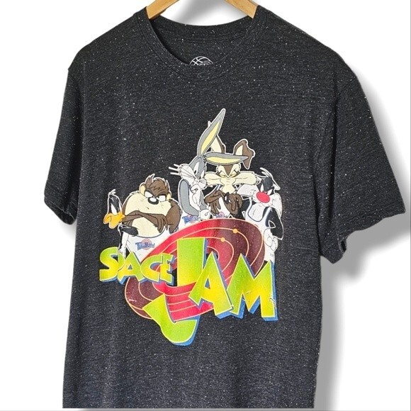 Space Jams Short Sleeve T-Shirt Size L Black Speckled Graphic Tee Bugs Daffy - Picture 5 of 8